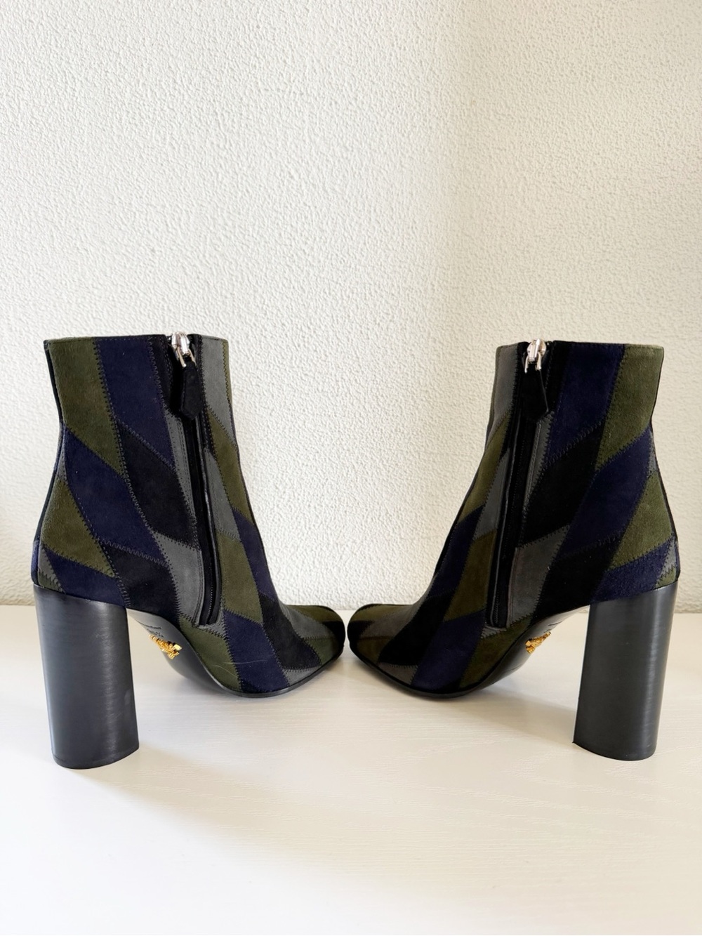 Prada Patchwork Suede Jewel Tone Ankle Boots Size EU 36.5 Blue Green Gray Black - Picture 6 of 11